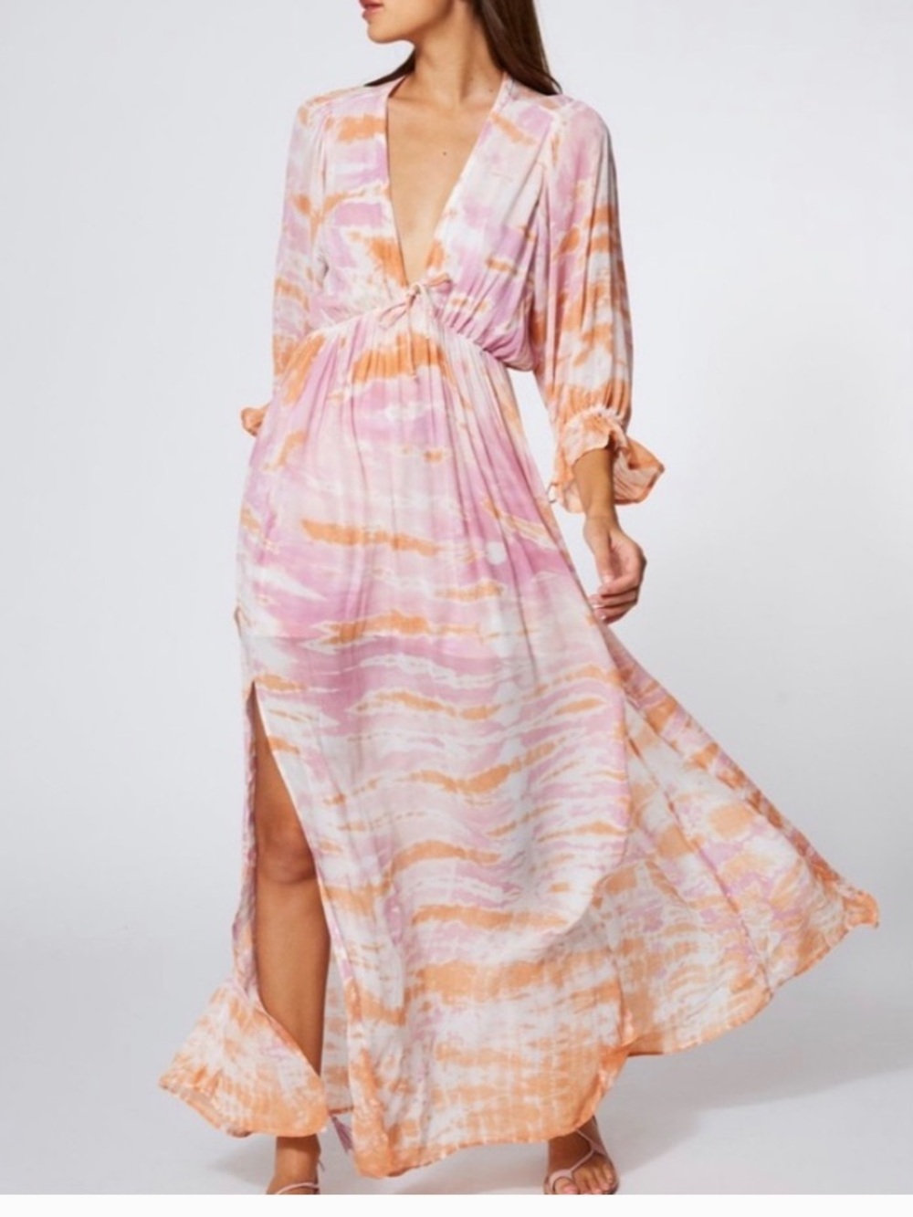Young Fabulous & Broke Tie-Dye Pink and Peach Maxi Dress with Deep V Neck S